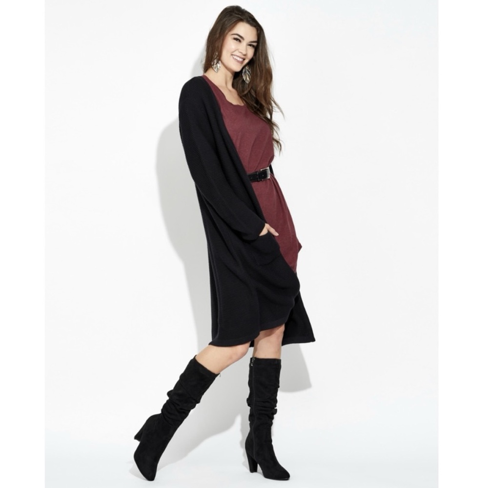 Pact Long Sweater Coat Black Chunky Knit Open Front Cardigan Organic Cotton L/XL